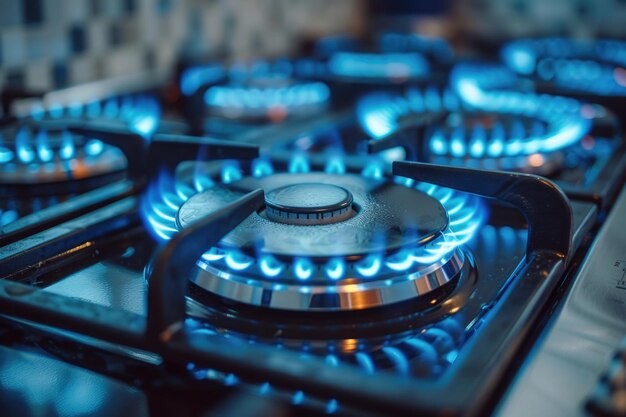 Foto quema de gas de una estufa de gas de la cocina llama de gas azul en la estufa primer plano enfoque selectivo natural