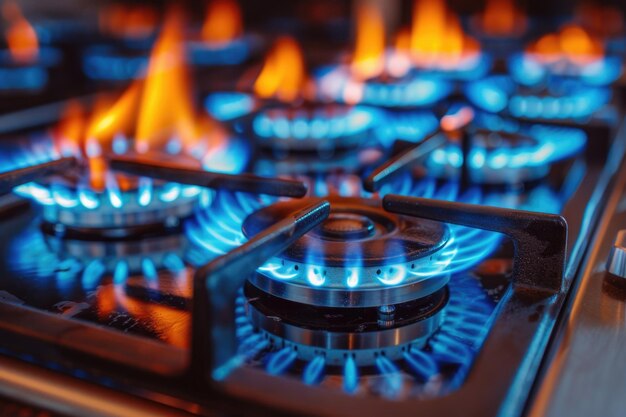Quema de gas de una estufa de gas de la cocina llama de gas azul en la estufa primer plano enfoque selectivo natural