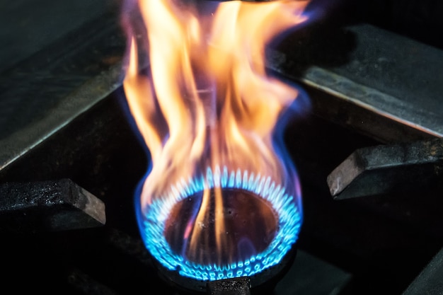 Foto quema de gas en el quemador del horno de gas. grandes llamas de fuego. las llamas amarillas se cierran para arriba. fuego pesado de la estufa