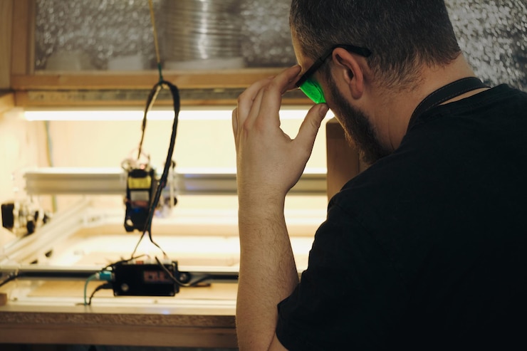 Foto quema con láser en cuero ecológico hombre trabajador quema con máquina láser sobre cuero