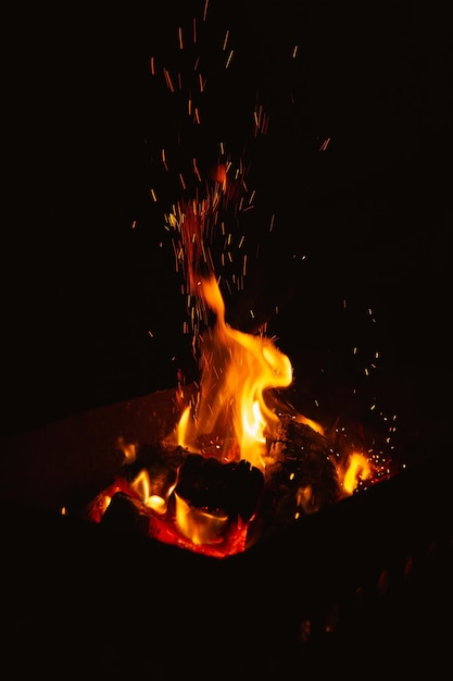 quema de leña en el brasero por la noche llamas de fuego en la oscuridad