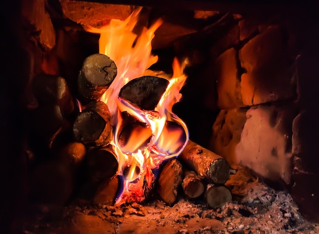 Quema de leña en la chimenea en casa de campo