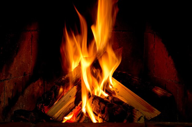 Quema de madera en chimenea de ladrillo