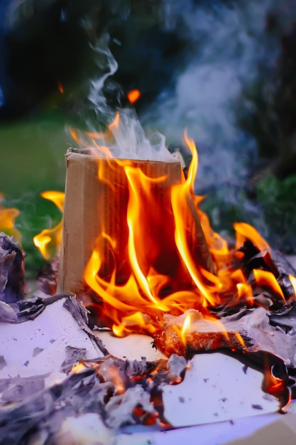 Quema de papel en la hierba verde de verano al aire libre