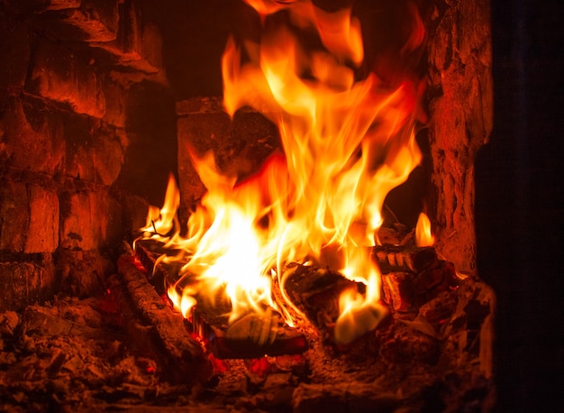 Quema de troncos en el primer plano de la chimenea, el poder natural del fuego