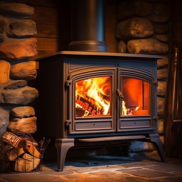 quemar leña en la caja de fuego de la chimenea en la cabaña de campo horno de cocina rústico con leña ardiente