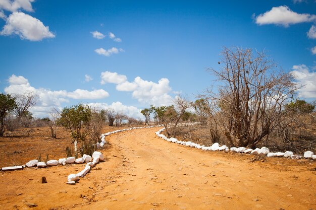 Quênia. Céu azul nesta estrada laranja no meio da Savana Africana, Parque Nacional de Tsavo East