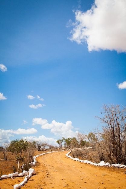 Quênia. Céu azul nesta estrada laranja no meio da Savana Africana, Parque Nacional de Tsavo East