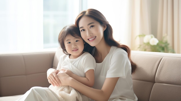 Quente mãe oriental adulta asiática e criança sentada no sofá sorrindo