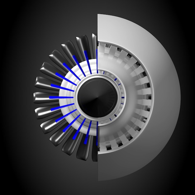 Querschnitt des Strahltriebwerks isoliert auf schwarzem Hintergrund
