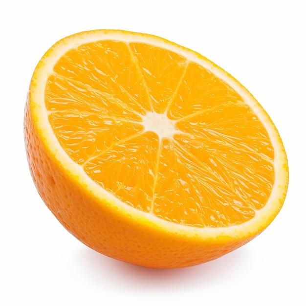 Querschnitt einer saftigen Orange mit lebendigem Orangenfleisch, das auf weißem Hintergrund isoliert ist