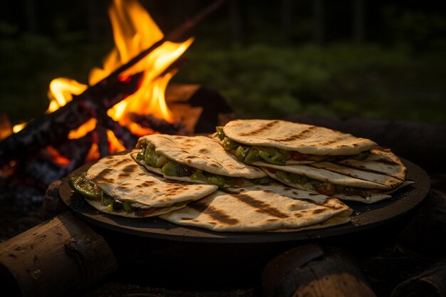 Quesadilla cocinada en una fogata para comer al aire libre