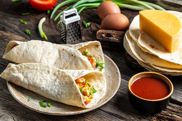 Quesadilla com ovos mexidos, vegetais, fiambre e queijo