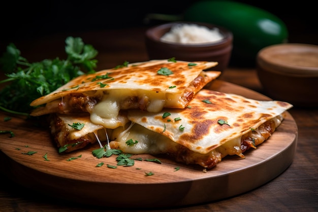 Quesadilla se encuentra en una tabla de madera sobre la mesa comida callejera comida mexicana AI generada