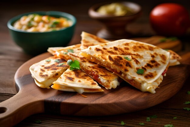 Quesadilla está em uma tábua de madeira na mesa comida de rua comida mexicana gerada por IA