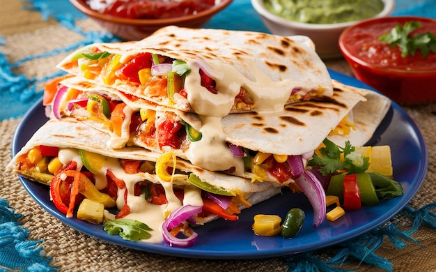 Quesadilla mexicana en rebanadas con verduras y salsas en la mesa