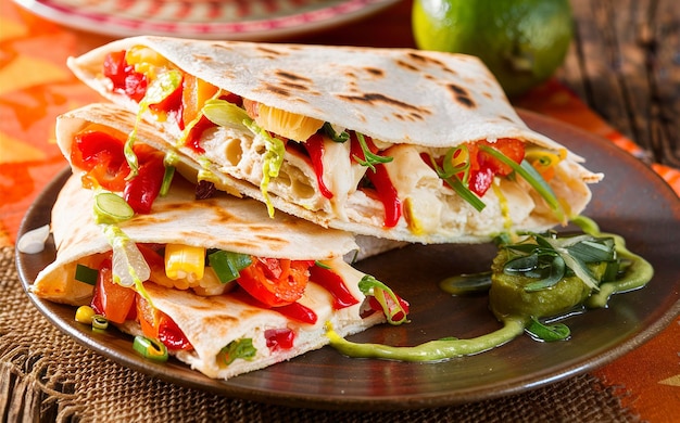 Quesadilla mexicana en rebanadas con verduras y salsas en la mesa