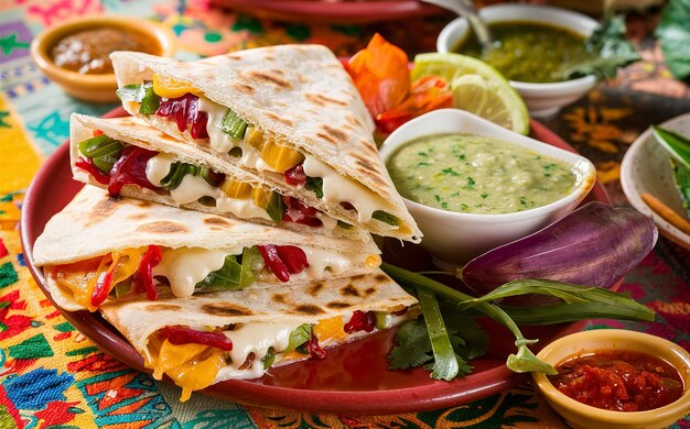 Quesadilla mexicana en rebanadas con verduras y salsas en la mesa