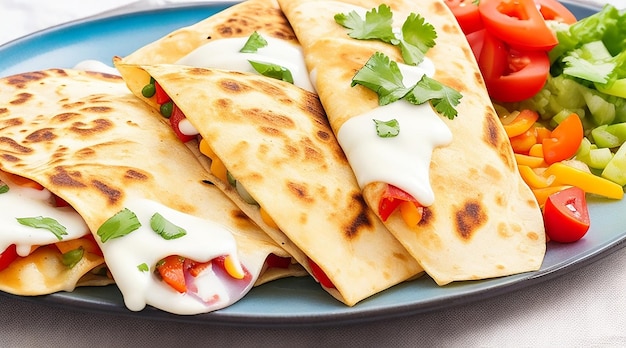 Quesadilla mexicana en rodajas con verduras y salsas sobre la mesa