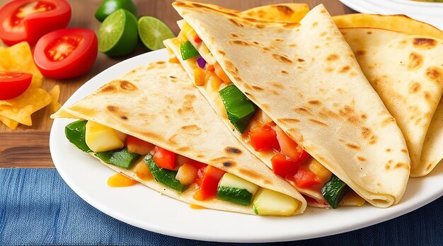 Quesadilla mexicana en rodajas con verduras y salsas sobre la mesa