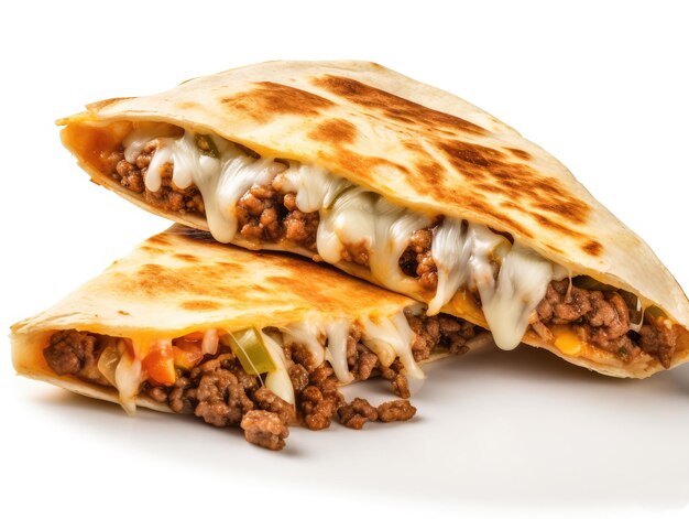 Quesadilla mexicana Tortilla isolada com carne de queijo Almoço tradicional de quesadilla mexicano