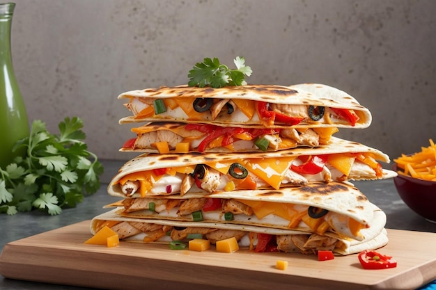 Quesadilla de pollo con pimientos asados, queso cheddar y todos los toppings