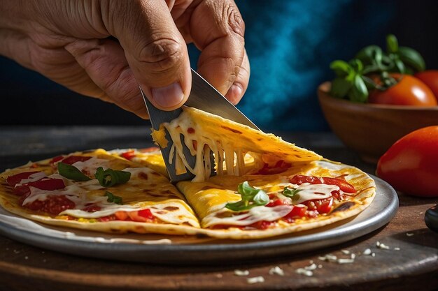 Quesadilla sendo cortada com uma pizza