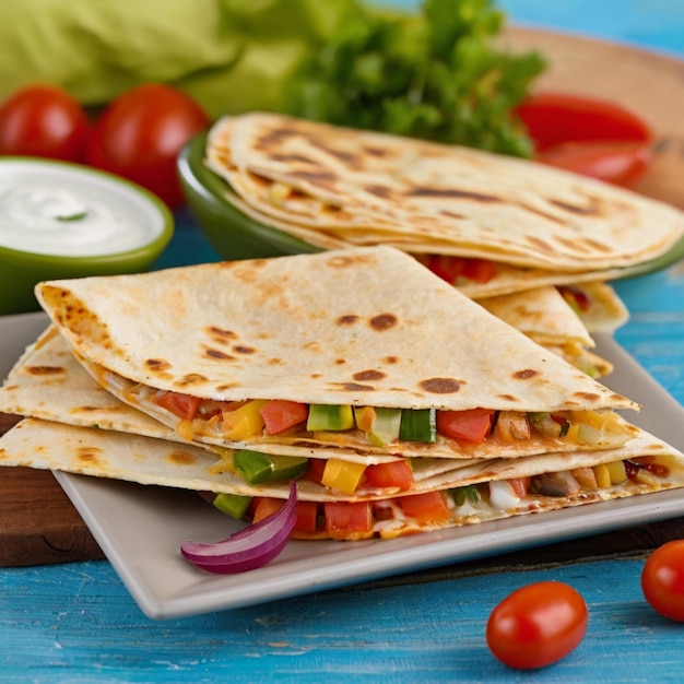 Quesadillas com queijo e recheio de vegetais coloridos