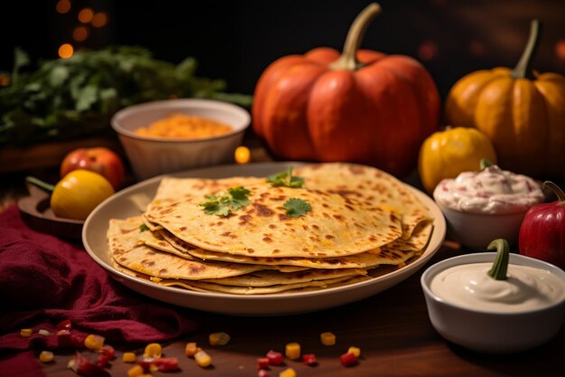 Quesadillas de milho e peru de Ação de Graças ao lado de um prato de panqueca de abóbora