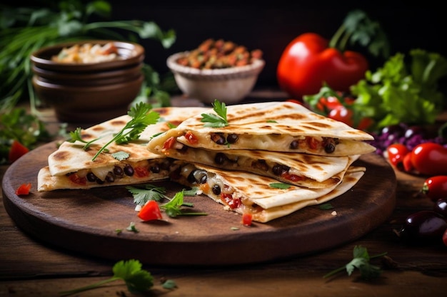 Quesadillas, die auf farbenfrohen Tellern serviert werden, um ihre Schönheit zu verbessern