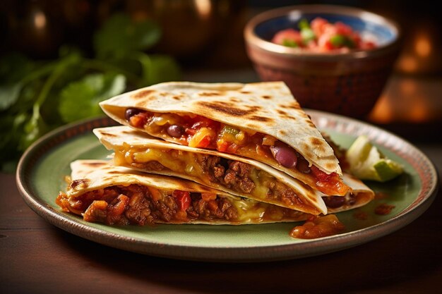 Foto quesadillas, die mit avocadosalat serviert werden