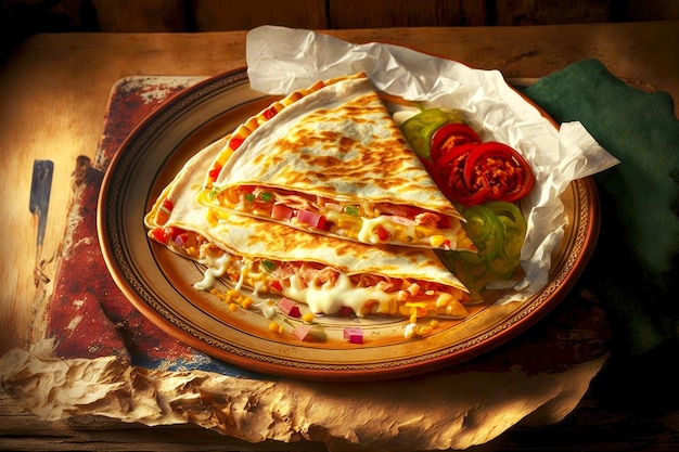 Quesadillas mexicanas de aetizer con tocino y jamón en tortilla para el almuerzo creadas con ai generativo