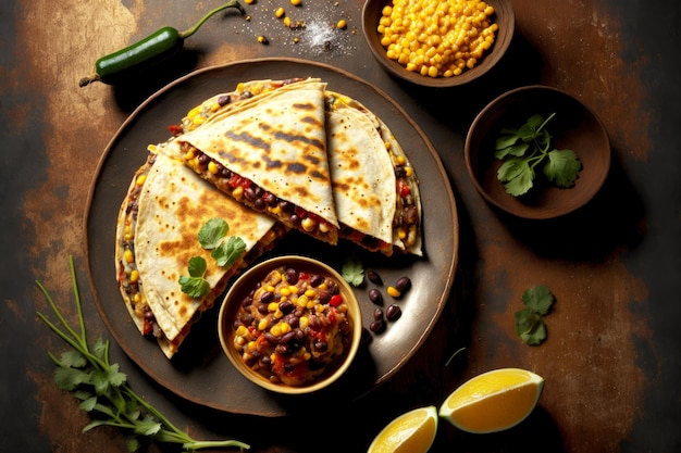 Quesadillas mexicanas saludables con frijoles y maíz en tortilla creadas con ai generativo