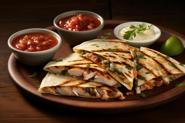 Quesadillas a la parrilla con verduras salsa salsa de lima y pollo creado con