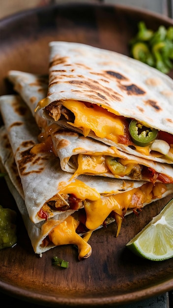 Quesadillas recién hechas con queso derretido y jalapenos