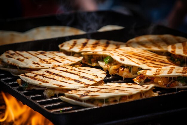 Quesadillas sendo assadas em uma grelha