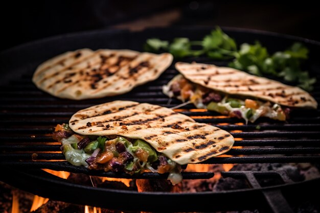 Foto quesadillas sendo cozinhadas em uma grelha quente com marcas de grelha