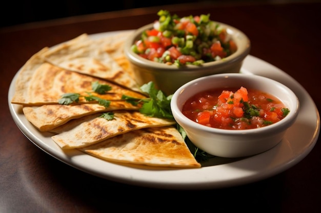 Quesadillas servidas com um lado de chipo de framboesa picante