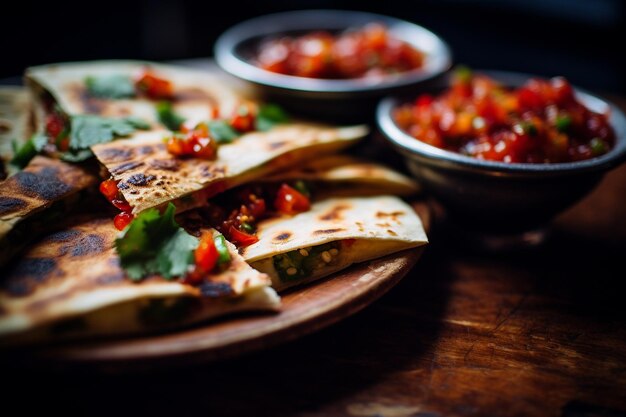 Quesadillas servidas con un lado de salsa de tomate asado picante