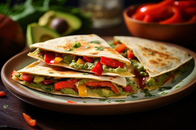 Quesadillas veganas con aguacate y pimienta roja