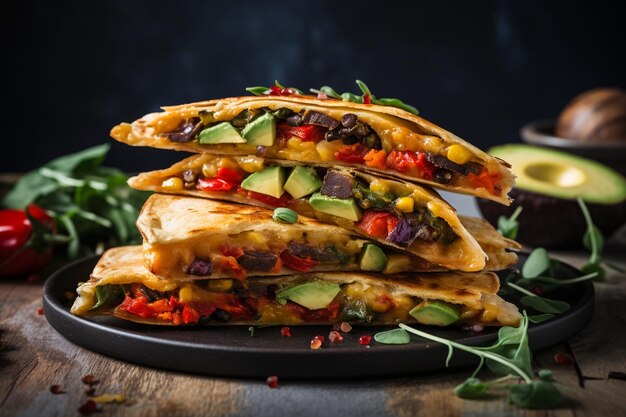 Quesadillas veganas com abacate e pimenta vermelha