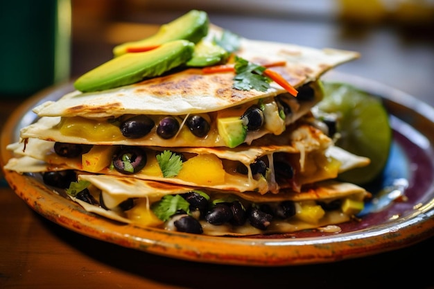 Quesadillas vegetarianas recheadas de feijão, milho e espinafre