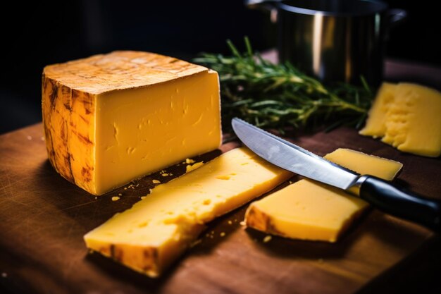 Foto queso ahumado cortado con cuchillo