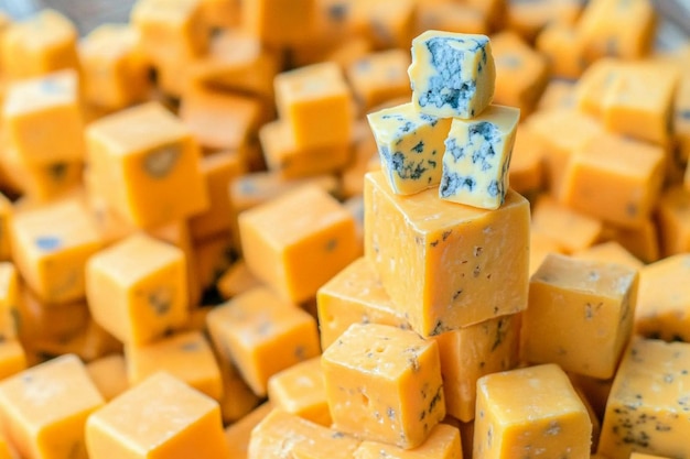 El queso azul en cubos es una delicia
