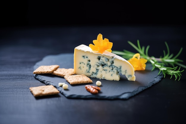 Queso azul desmenuzado sobre galletas de centeno fondo de pizarra oscura