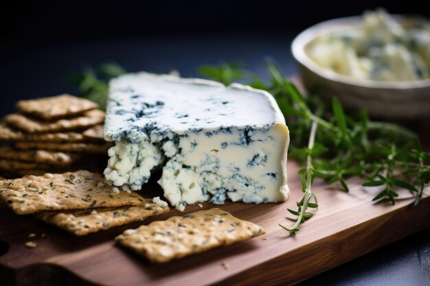 Queso azul desmenuzado sobre galletas integrales de centeno