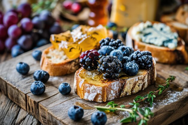 Foto queso azul en pan gorgonzola con bayas y miel bruschetta con arándanos ricotta