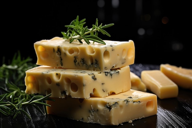 Queso azul en rodajas sobre la mesa sobre una tabla de cortar de madera en la cocina