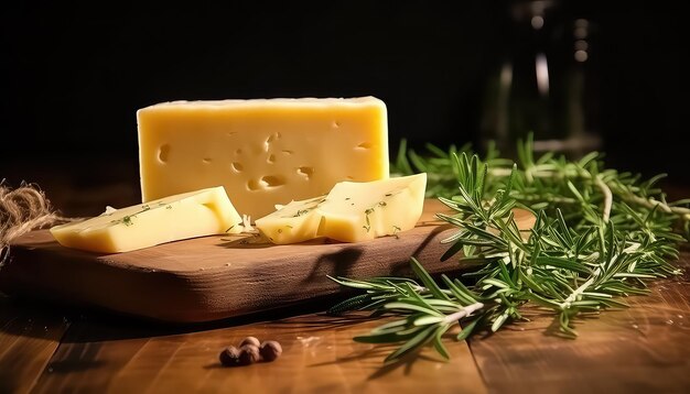 Queso azul sobre tabla de madera con hierbas