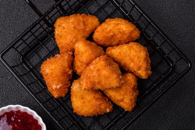 Queso brie o patatas fritas de camembert en pan de comida rápida para llevar